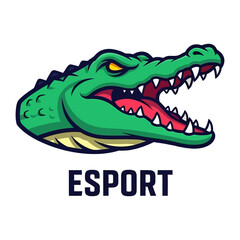 Ferocious Alligator E-sport Emblem: A fierce, vividly colored alligator with menacing eyes and open jaws stands as an emblem for competitive gaming, a striking symbol of strength and dominance. 