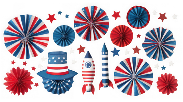 Collection of patriotic american holiday decorations including paper fans, rockets, and a top hat, isolated on transparent background