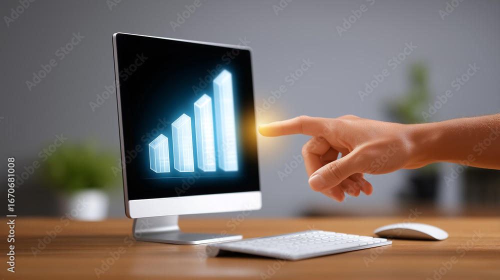 Aufkleber hand touches bright digital bar chart displayed on computer screen, illustrating upward growth. clea