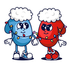 Festive red and blue mitten mascot with white fur and colorful garland. Cozy Xmas and New Year design for winter branding and holiday decorations