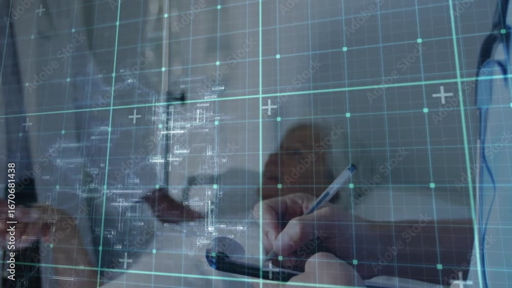 Poster medical professional receiving form and recording patient data while digital grid overlay pulsing
