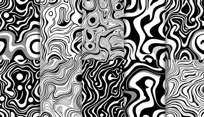 Ten seamless vector patterns; monochrome organic shapes, lines, and dots create a natural maze texture,  vector,  graphic