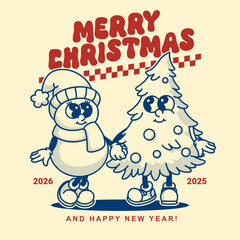 Magical snowman and Christmas tree card. Vintage contour design with dot shadows and festive holiday message