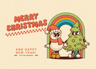 Vintage snowman and decorated Christmas tree on rainbow background with holiday text Magical design for festive websites and greeting cards