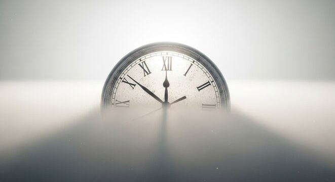 Mysterious clock face with Roman numerals partially hidden in a white ethereal mist, symbolizing the abstract concept of time
