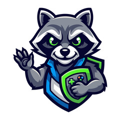 Playful Protector: A charismatic raccoon mascot, confidently wielding a shield adorned with game controller icons. The image captures a blend of gaming culture with a friendly character.