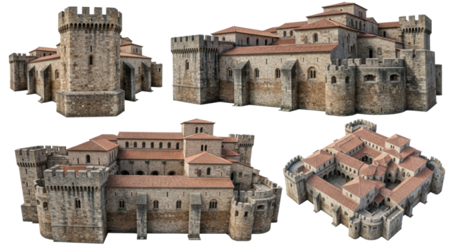 Massive ancient fortress-monastery, weathered sandstone, thick walls, terracotta roof, arrowslit windows, in three views on white background. Architectural study concept