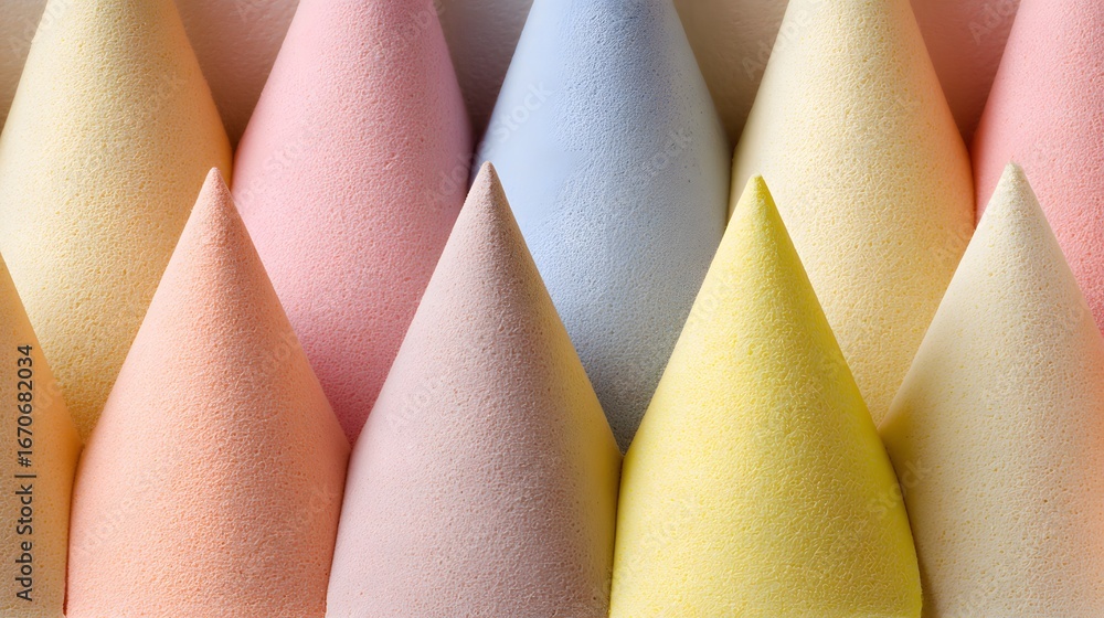 Poster a close-up view of multiple colorful cone-shaped makeup sponges, arranged in a repeating pattern, sh