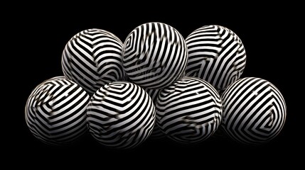A cluster of glossy, black and white striped spheres creates a visually engaging abstract design against a stark black backdrop.