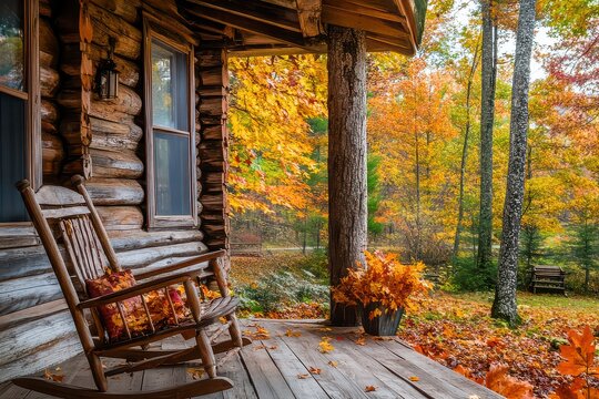 Wooden log cabin with a porch and a rocking chair