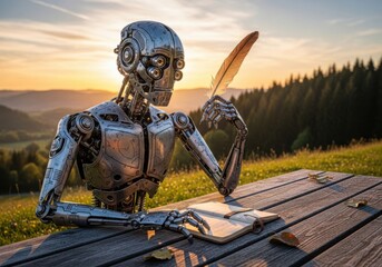 Naklejka premium Robot writer contemplates nature at sunset, crafting stories with a feather pen in a serene landscape