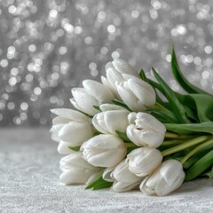 White tulip bouquet on glittering background with bokeh effect, showcasing delicate petals and vibrant green leaves, creating a serene and elegant floral arrangement