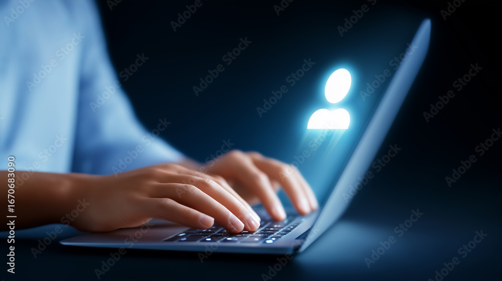 Aufkleber hands typing on laptop keyboard generating a large simple user group icon. modern digital workspace 