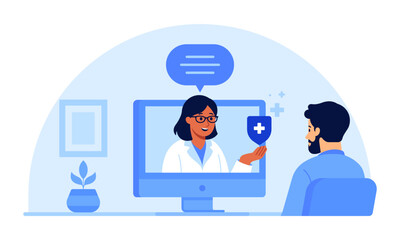 Fototapeta premium Doctor consulting patient through computer screen during video call. Telemedicine, telehealth, remote healthcare, medical consultation, digital medicine. Flat illustration isolated on background