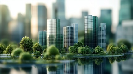 Fototapeta premium City with trees and buildings. Glass office with a glass roof and a sustainable building. Carbon dioxide and carbon dioxide in the atmosphere of a green tree. A metropolis lifestyle featuring both.
