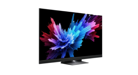 ultra-modern television with expansive borderless oled display, vibrant abstract digital art, sleek black aluminum frame on transparent background, concept of futuristic digital entertainment