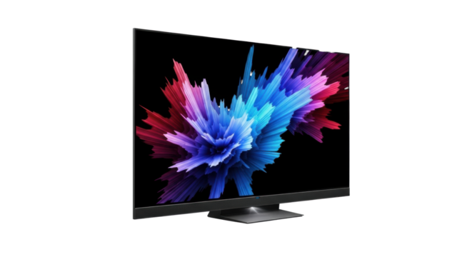 ultra-modern television with expansive borderless oled display, vibrant abstract digital art, sleek black aluminum frame on transparent background, concept of futuristic digital entertainment - Powered by Adobe