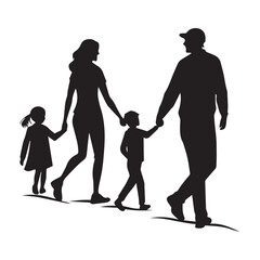 Silhouette of a family walking together hand in hand, symbolizing love, support, and connection isolated on white background