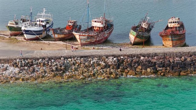 Aerial view of boats in front of the French village of Camaret-sur-Mer in Brittany, France