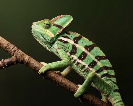 Green Chameleon on Tree Branch Detailed View reptile