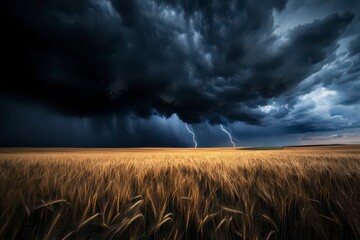 Field of wheat is being struck by lightning