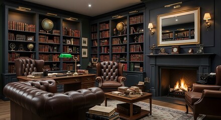 Classic library with leather furniture and fireplace
