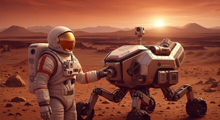 A pioneering astronaut in an advanced space suit interacts with a sophisticated robotic rover amidst the vast, desolate landscape of Mars, exploring the red planet's surface at sunrise