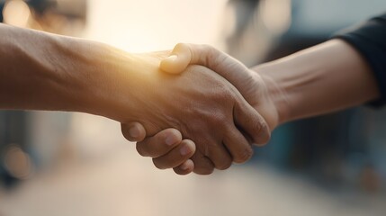 Close-up view of two hands clasped in a business handshake, symbolizing agreement and partnership.