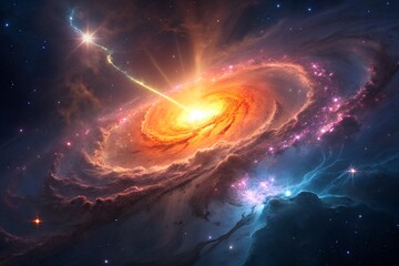 Vibrant spiral galaxy with bright core and cosmic jets