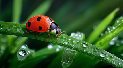 Obraz premium Ladybug crawls slowly on fresh green grass, adorned with glistening dew drops. Close-up macro view highlights vibrant colors and details. Concept of nature, gardening, entomology