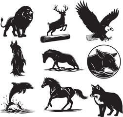 Silhouette Wildlife Vector Collection Majestic Lion, Leaping Deer, Soaring Eagle, Wild Horse, Playful Dolphin, and Cunning Fox Illustrations