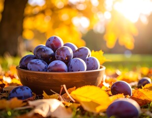 Plums in a bowl amongst autumn leaves