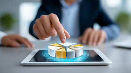 Professional points at holographic pie chart displayed on tablet. Modern office environment with sleek design and collaborative atmosphere