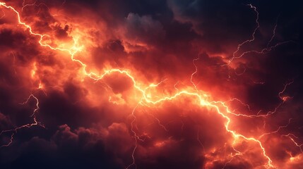 Lightning in the sky. Abstract lightning in the red. Banner with clouds on the background. Sky flashes with lifestyle lightning.