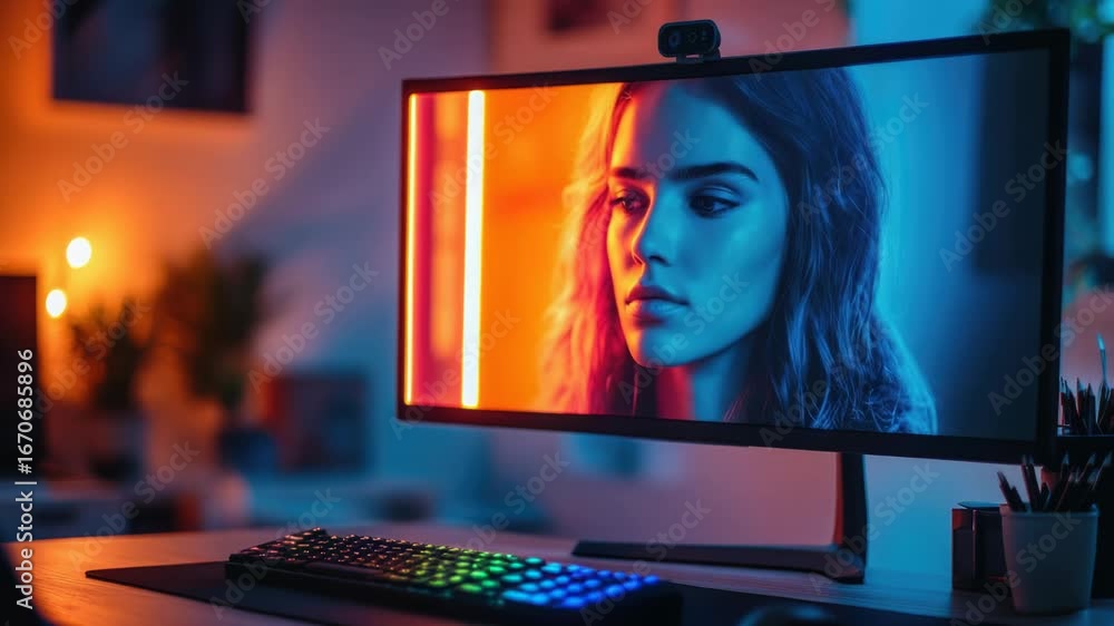 Poster a computer monitor sitting on a modern desk with a minimalist background