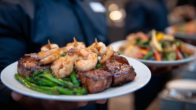 A vibrant business event in a spacious venue features gourmet appetizers, including colorful skewers of roasted vegetables and shrimp, enhancing the networking experience.