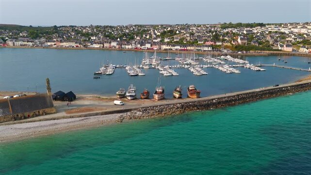 Aerial view of boats in front of the French village of Camaret-sur-Mer in Brittany, France