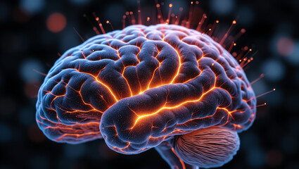 Photorealistic 3D render of a human brain with illuminated neurotransmitter pathways and pulsing nerve cells, enhanced with volumetric light. Perfect for medical, scientific, and neurological concepts