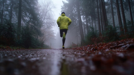 A long-distance runner crosses a foggy forest trail, embodying endurance, determination, and the quiet strength needed to push beyond limits..