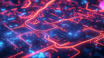 A close up shot of a futuristic circuit board with glowing red and blue lines and geometric shapes