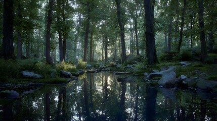 Obraz premium A tranquil forest stream reflects the surrounding trees in a serene, early morning scene.