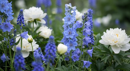 Elegant spring garden composition featuring white peonies and blue delphinium blooms