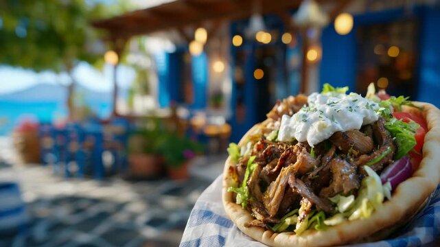 Savor a delicious Greek gyros sandwich with juicy meat and fresh veggies in a toasted pita, set against a backdrop of Aegean-inspired decor.