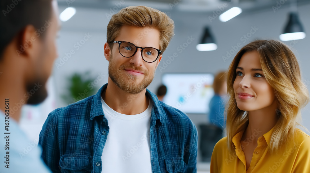 Aufkleber two team members engage in conversation with a colleague in a sleek product design studio. bright an