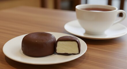 A chocolate covered dessert with a cup of tea on a wooden table in a well lit environment
