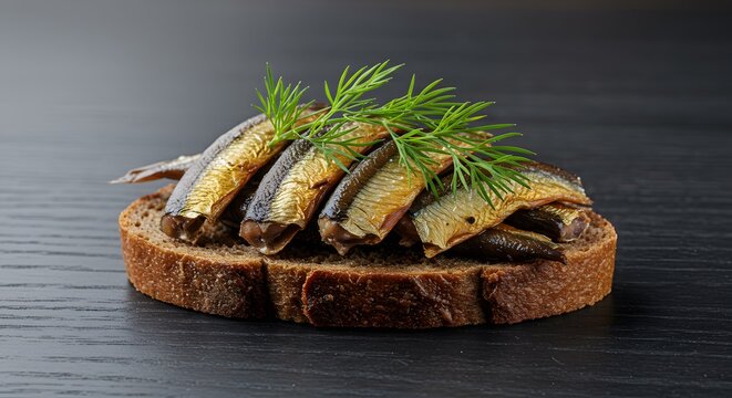 A close up of sprats on rye bread garnished with dill on a dark surface in a studio setting