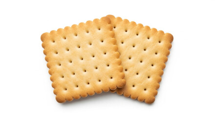 Two square crackers with scalloped edges on a white background representing delicious snacks and simple foods