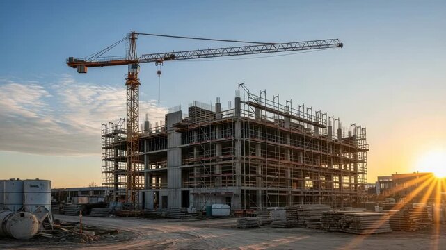 A towering crane oversees the construction of a multistory building against a vibrant sunset sky, symbolizing progress and development