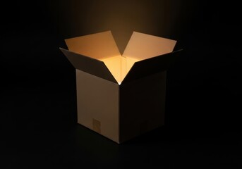 Cardboard box with glowing light inside on black background creating a sense of mystery and anticipation