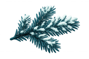 Snowy pine branch spreading winter charm, white frost coating needles against transparent backdrop, seasonal holiday imagery